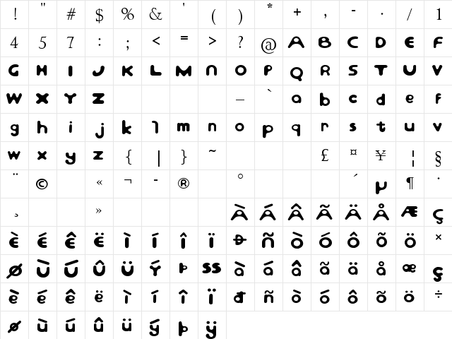 Clucky_Duck Regular  glyph index