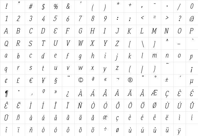 Aaux OfficeLight Italic Regular  glyph index