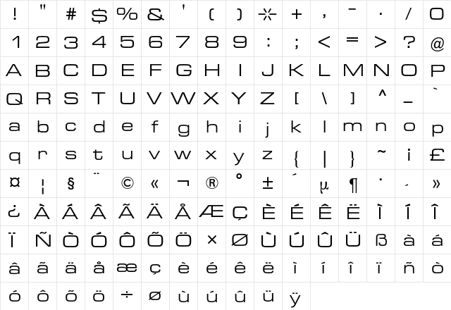 Eurostile BQ Regular  glyph index