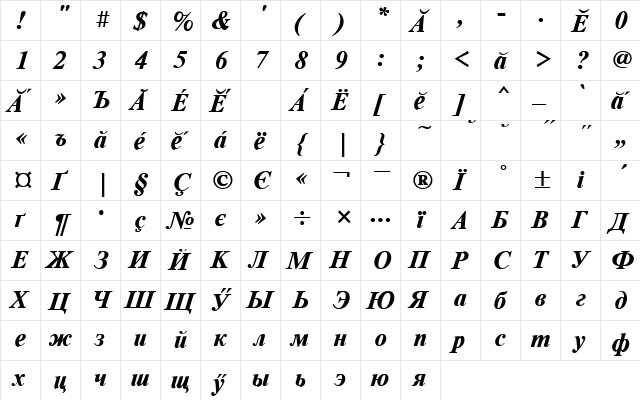 TimesET Chuvash Bold Italic  glyph index