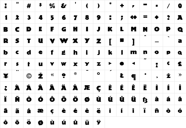PublicityGothic Regular  glyph index