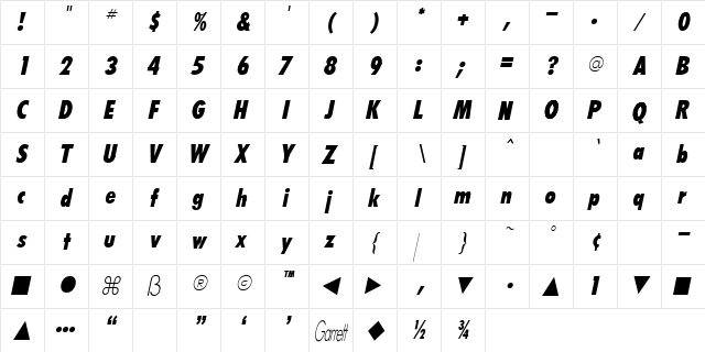 FutaruBoldCondItalic Regular  glyph index