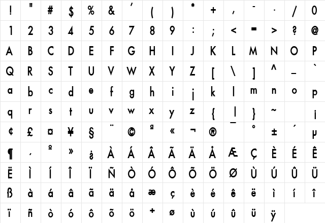 Fusi Condensed Bold  glyph index