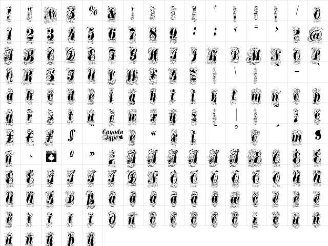 Treasury Flourish Regular  glyph index
