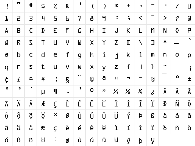 ALIEN Extended Regular  glyph index