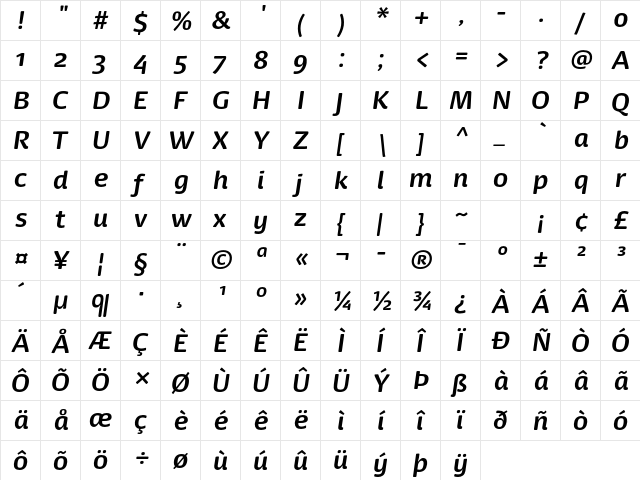 Dancer Pro Bold Italic  glyph index