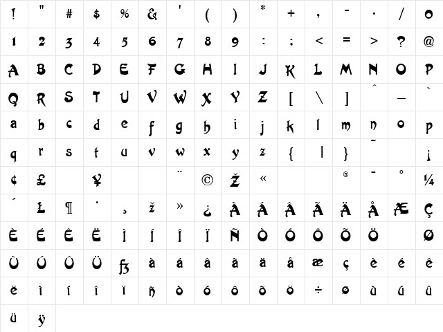 Artistik Regular  glyph index