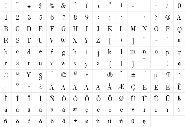 Bodoni-Serial-Light Regular  glyph index