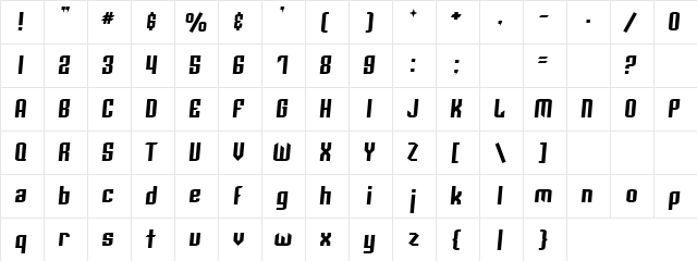 Charlie slant Regular  glyph index