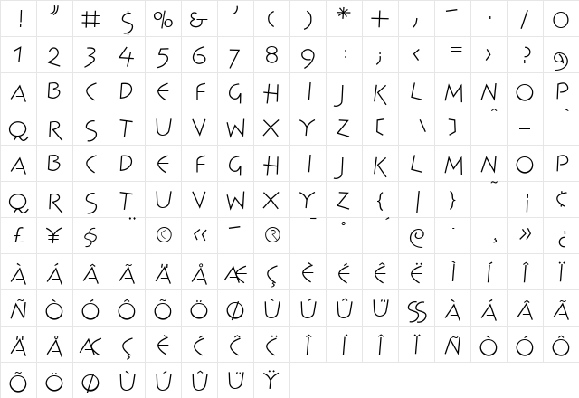 Spontan Plain  glyph index