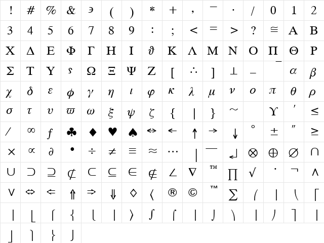 Math Symbols Normal  glyph index