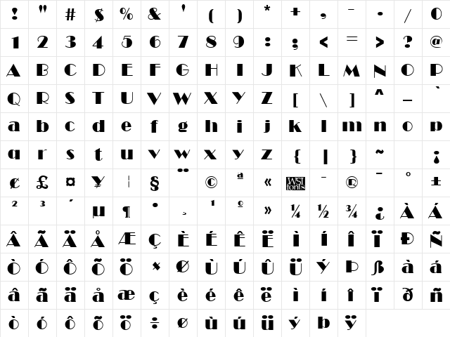 Marquee Regular  glyph index