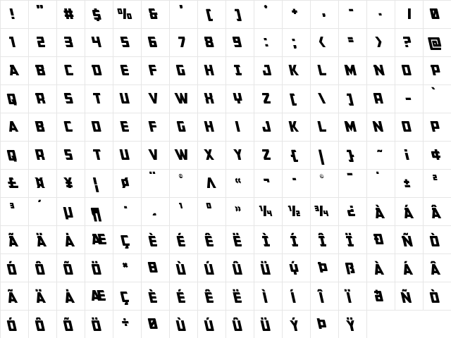 Buchanan Leftalic Italic  glyph index