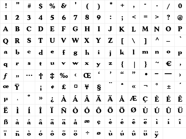 Honorius Regular  glyph index