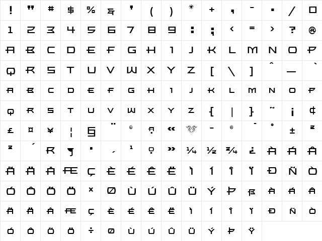 Bronzo Regular  glyph index