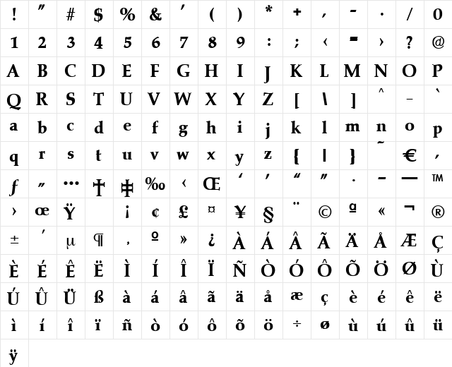 Marathon-Bold Regular  glyph index