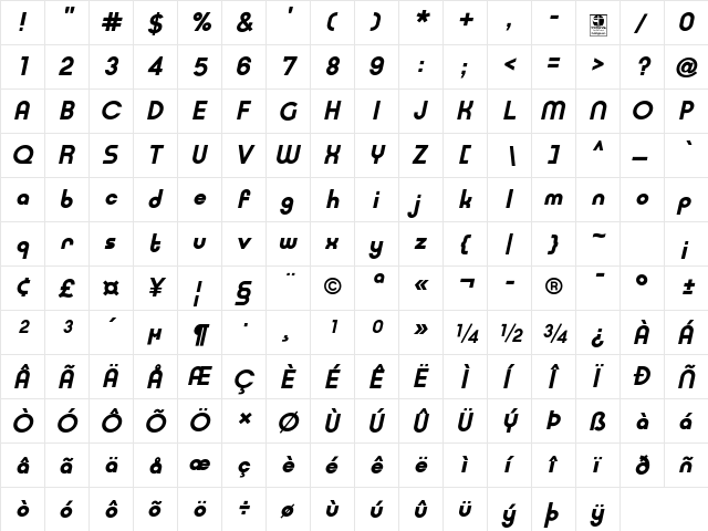 Typo Ring Demo Bold Italic  glyph index