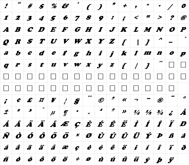 FZ ROMAN 4 ITALIC Extra Heavy  glyph index