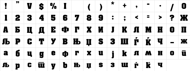 Managua Bold Cyrilic  glyph index