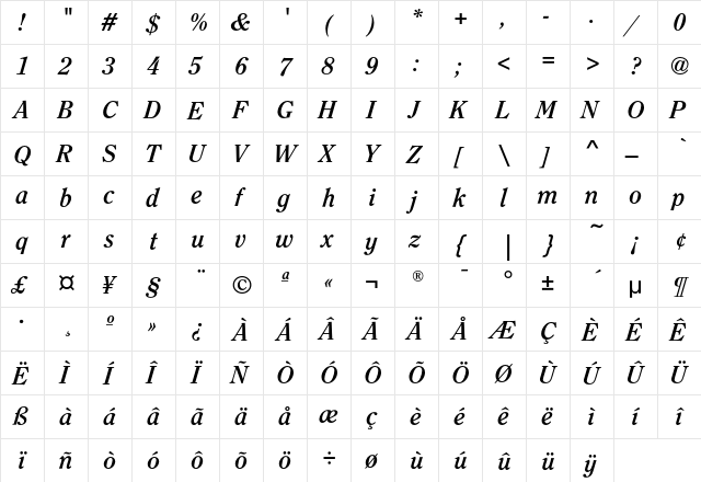 ClearfaceEF-BoldItalic Regular  glyph index
