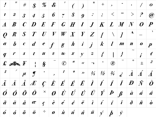 Bodoni Seventytwo ITC Bold Italic  glyph index