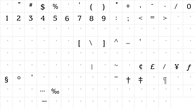 EquestrienneBookTab Regular  glyph index