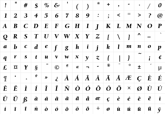 BerkeleyOldMdITC Black Italic  glyph index