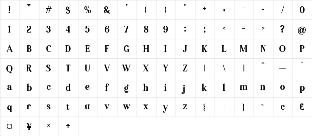 Pioggia Regular  glyph index