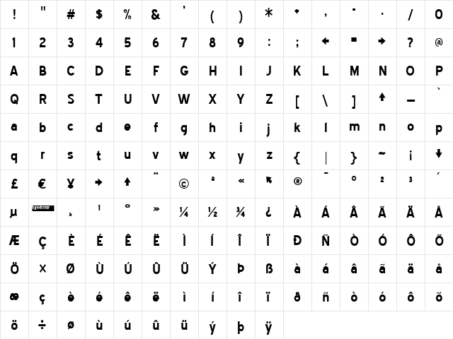 Blue Highway Free Bold  glyph index