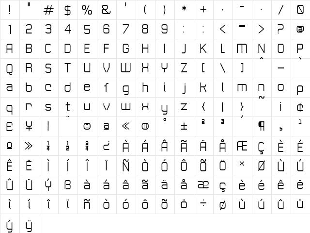 21st Regular  glyph index