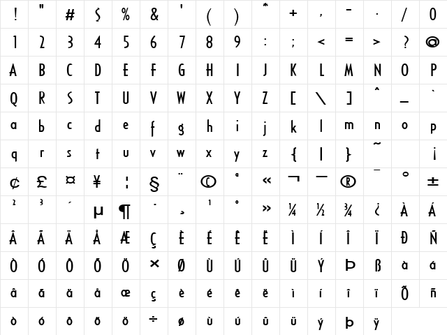 Southwestern-Extended Bold  glyph index