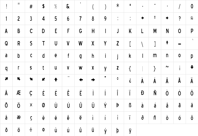 Blue Highway Condensed Regular  glyph index