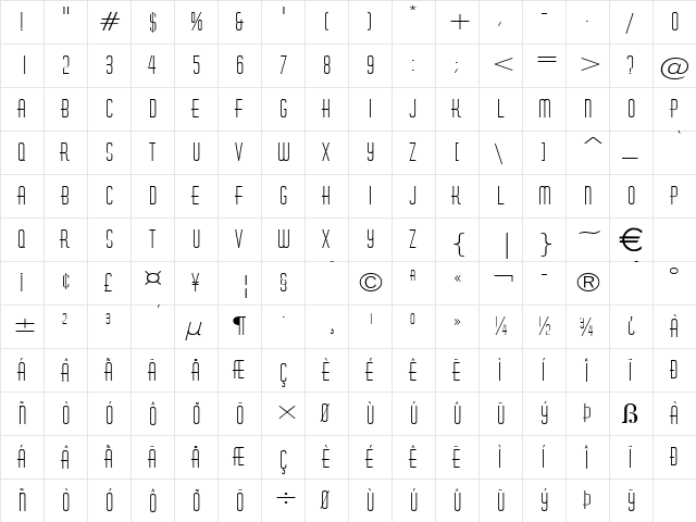 HustleWide Normal  glyph index