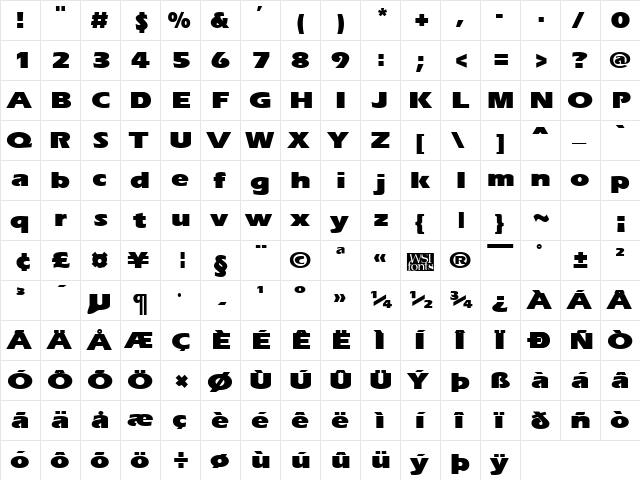 ErgoeBlackExpanded Regular  glyph index