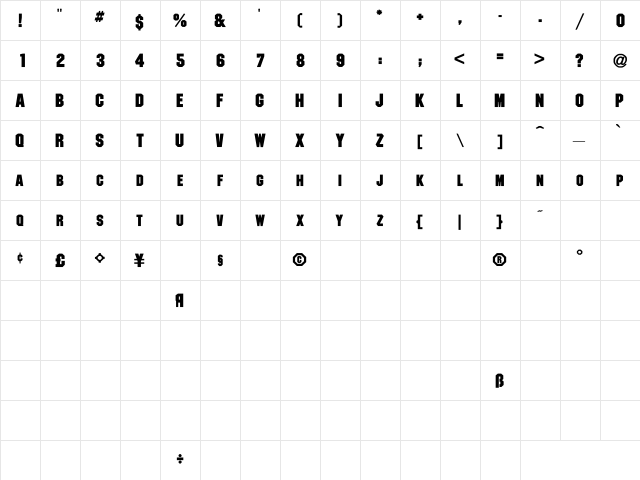 Pittsburgh Bold  glyph index