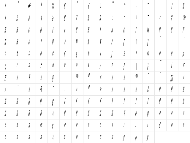 Empire Italic  glyph index