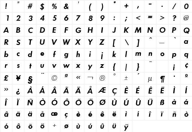 Futura ICG Demi Oblique  glyph index