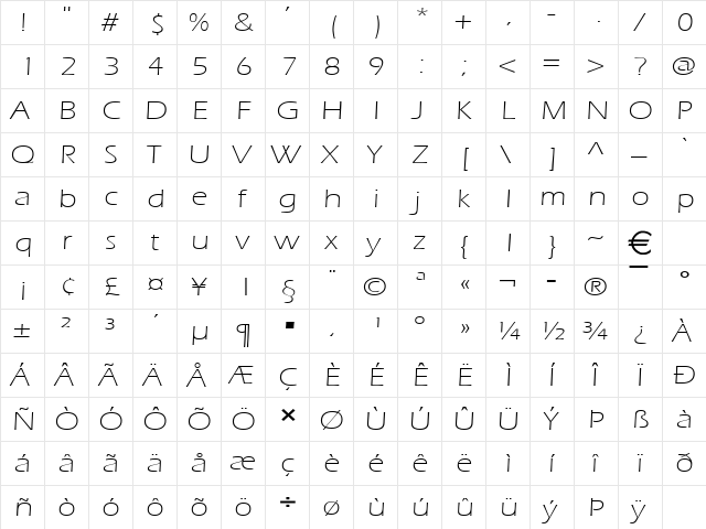 EricLiteExtended Normal  glyph index