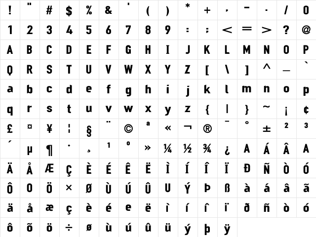 MechanicGothic Regular  glyph index
