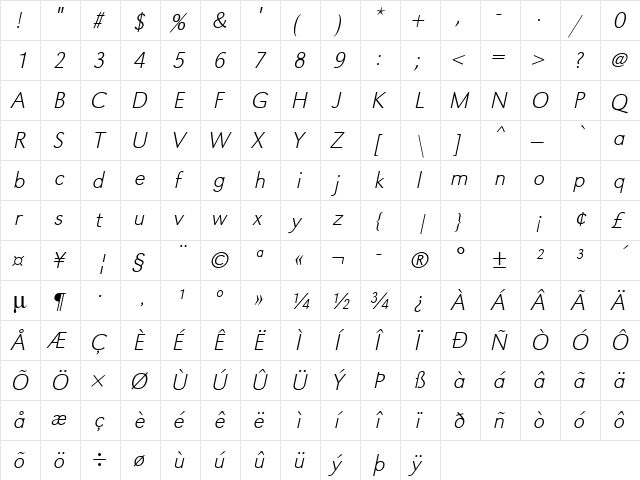 URWGroteskTExtLig Oblique  glyph index