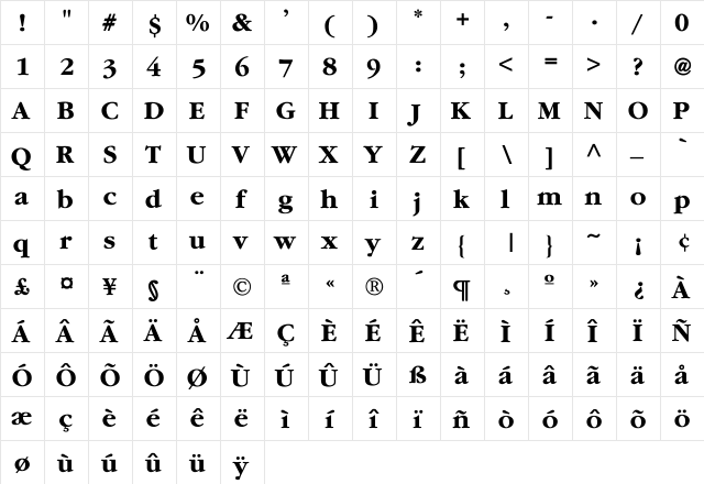 Joseph-Bold Regular  glyph index