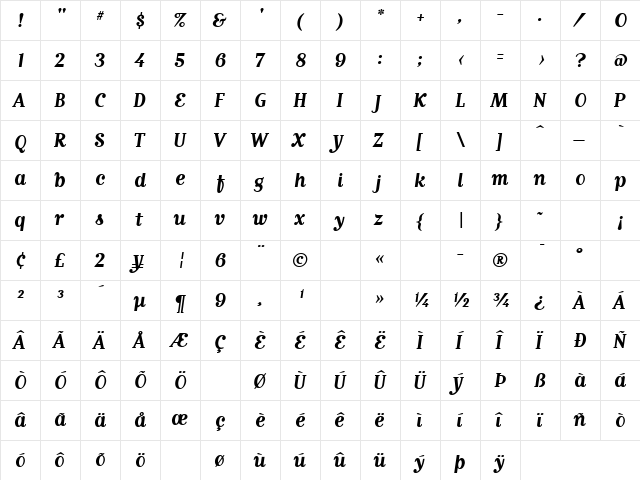 MatrixScriptBoldLining Regular  glyph index
