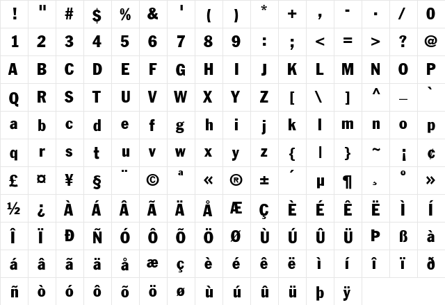 FranklinGothic-Condensed Regular  glyph index