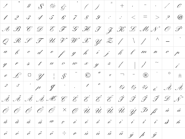 Kuenstler Script LT Std Medium  glyph index