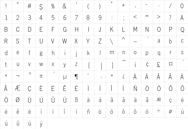 LightlineGothicEF Regular  glyph index