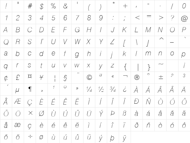 HailstenThin Italic  glyph index