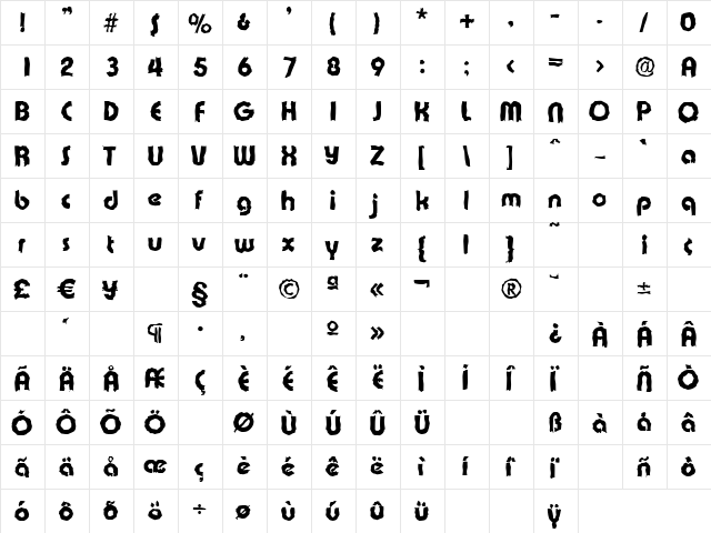 BrianBeckerRandom-ExtraBold Regular  glyph index