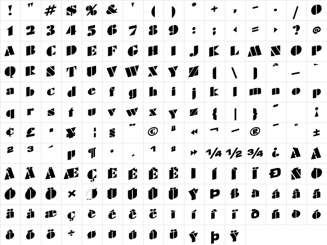 CrowsFeetLight94 Bold  glyph index