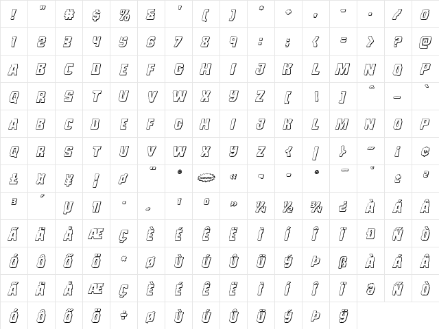 Monster Hunter 3D Italic Italic  glyph index