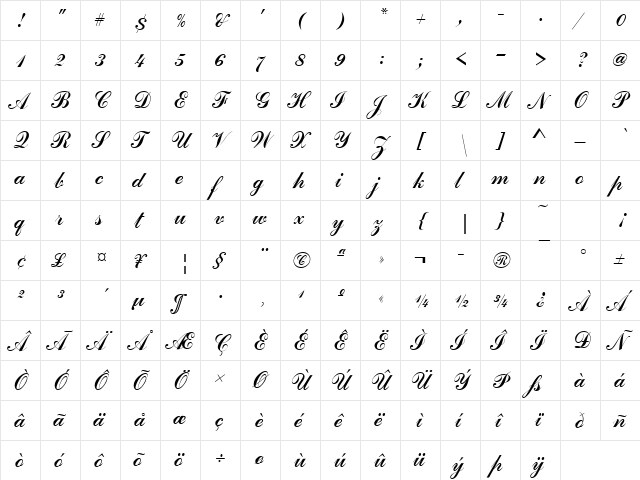 Commercial Becker Script D Regular  glyph index